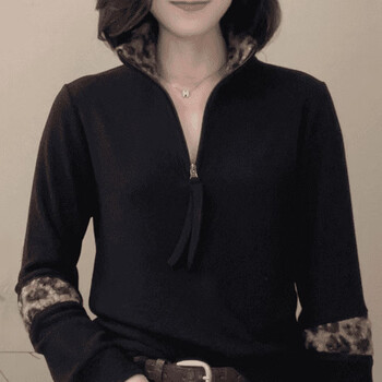 Temperament, age reduction, versatile, leopard print splicing thickened bottoming shirt for women, autumn and winter shirt, fashionable, versatile and warm, orange, counter quality, xl 110-120 catties