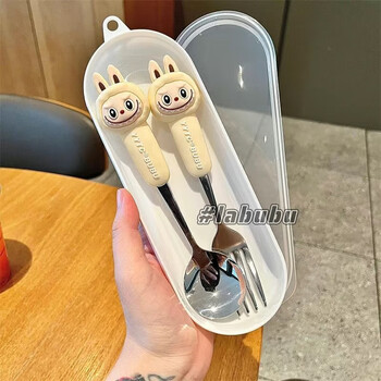 He jiagong labubu tableware cute chopsticks set children's three-piece spoon fork student stainless steel cartoon portable beige small cloth spoon + fork (white round box)