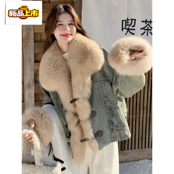 First diameter, elegant and elegant, large fur collar down jacket for women, short winter style, new temperament, goddess style, thickened denim jacket, denim color, thickened upgraded version, m, recommended 111-125 catties