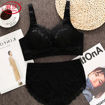 Langsha (langsha) natal new year red bra set without wires, push-up breasts, anti-sagging bra, lace breathable girl bra, black suit, 70a, size 32/70, thick 3 cm