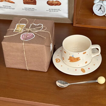 Tuojin japan imported quality ins korean puppy coffee cup and saucer set cute ceramic latte cup afternoon tea cup korean custard puppy coffee cup and saucer + ball spoon + exquisite gift set