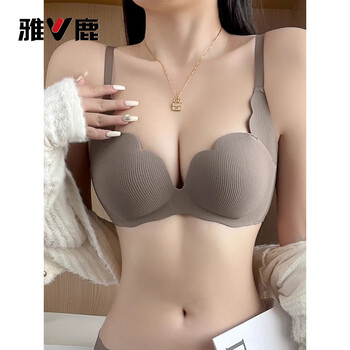 Yalu qiji red underwear women's small breasts gather up to show bigger tops to prevent sagging, traceless wireless underwear, zodiac year set, coffee color, single piece, 75b 34b