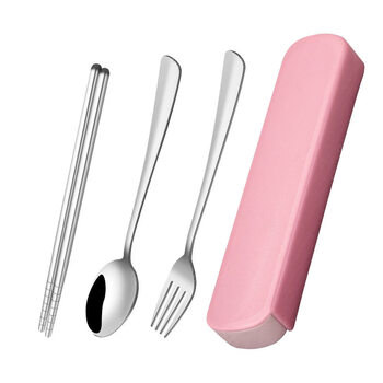Tuojin imported high-quality portable tableware set from germany, three-piece set of chopsticks, forks and spoons, stainless steel single chopsticks, pink box + spoon + fork + chopsticks