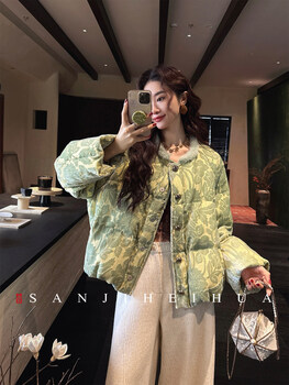 Sanji heihua sui sui huan new chinese style gold burnt flower down jacket women 2026 huge good-looking winter jacket trend green (90 white duck down) l
