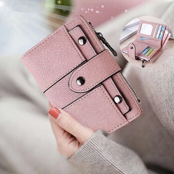 Qumuye wallet women's short coin purse new japanese and korean small fresh multifunctional card holder buckle student coin bag small wallet pink