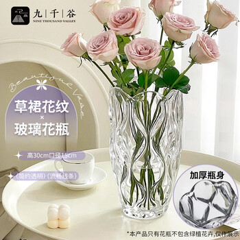 Jiuqiangu vase large thickened glass vase rich bamboo flowers hydroponic flower arrangement grass skirt pattern height 28cm1210