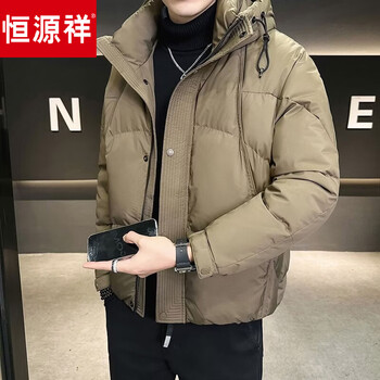 Hengyuanxiang winter light down jacket men's 2026 new hooded thickened white duck down coldproof clothes khaki m