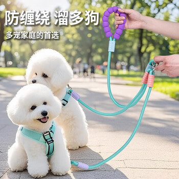 Miaopule amor one-to-two dog leash for walking two dogs to prevent entanglement and two puppies to go out for multi-dog foam double-headed leash, purple blue, one-to-two