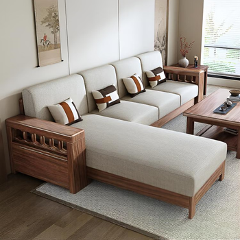 Yuanshengchen fabric sofa small apartment solid wood sofa living room 2025 new north american black walnut sofa living room sofa bed four-seater + imperial concubine couch + long coffee table + tv cabinet