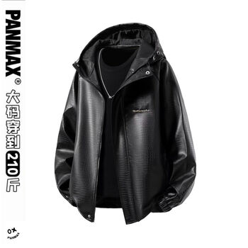 Panmax winter fashionable hooded leather jacket loose large size men's all-match casual jacket black m recommended 90-110 pounds