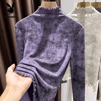 Playboy (playboy) purple fungus bottoming shirt high collar brushed fashionable can be worn outside 2025 new style inner tie-dyed t-shirt top for women purple s 80-95 catties