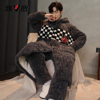 Yalu men's pajamas autumn and winter coral velvet plus velvet thickened three-layer quilted winter hooded pajamas can be worn as home clothes 4930 men's quilted robe + quilted pants m l size thermal storage warm velvet, height about 170c, weight 110-