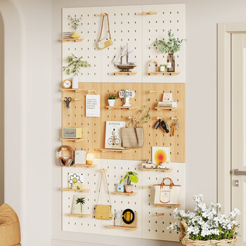 Fanlilin new solid wood hole board storage rack solid wood entrance hall wall storage rack creative shape solid wood storage rack combination package 40x60 warm white