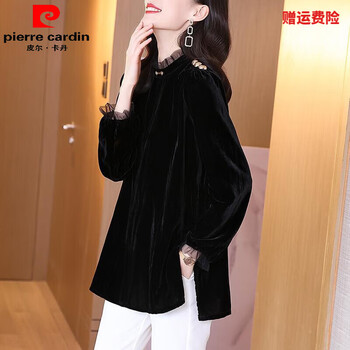 Pierre cardin black gold velvet shirt for women spring and autumn 2026 new mesh style stand collar retro loose mid-length women's top black gold velvet xl 115-125