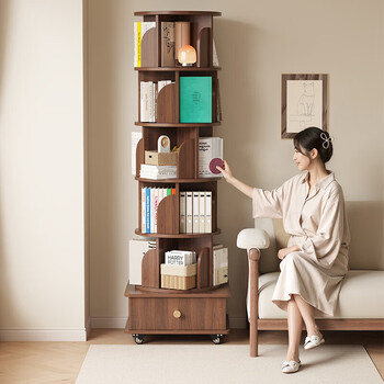 Small craftsman's simple rotating bookshelf 360-degree bookcase removable floor-standing storage rack living room display rack five-layer walnut color
