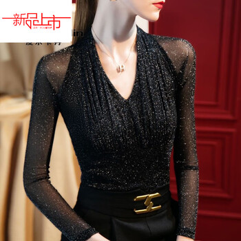 Pierre cardin mesh bottoming shirt women's 2025 spring and autumn new style slim fit inner sexy western style versatile long sleeve t-shirt top black this year's popular light luxury brand 2xl