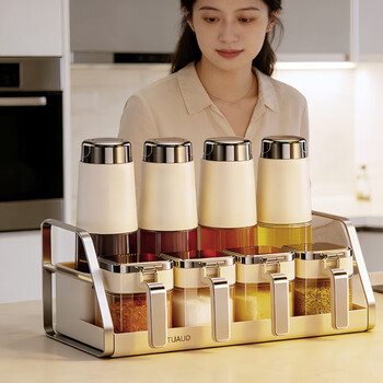 Home katei story japanese moisture-proof seasoning box glass home kitchen high-end seasoning box storage combination salt shaker sealed seasoning bottle jar 7-piece set oil pot * 4 + seasoning jar * 4 + storage rack - free label