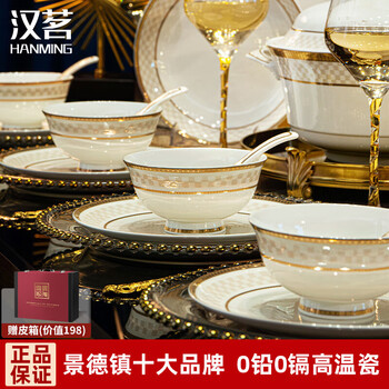 Han ming's high-end jingdezhen bone china bowls, plates and tableware set for household use, european-style dishes and chopsticks set, light luxury housewarming gift, high-end leather suitcase | 60-piece set
