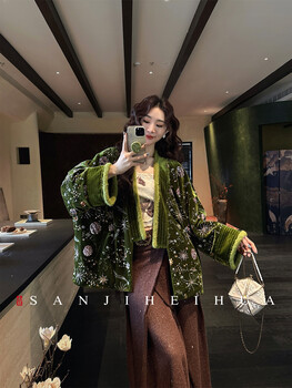 Sanji black flower tianguan blessing new chinese style bead tube embroidered velvet jacket women's winter thickened plush long short style green long (plush lined) s