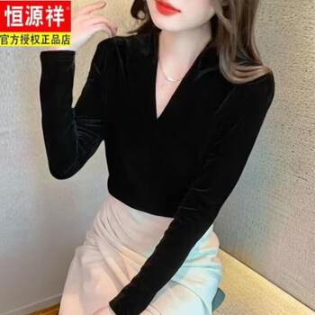 Hengyuanxiang autumn and winter thickened velvet black gold velvet long-sleeved women's beautiful shirt exposed collarbone t-shirt slim bottoming top black autumn long-sleeved m (recommended 75-95 pounds)