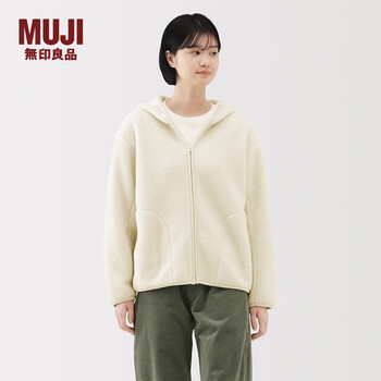 Muji women's long wool fleece zipper hoodie women's jacket long sleeve 25 years winter polar fleece short jacket women ivory l (165/88a)