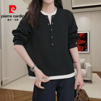 Pierre cardin double-sided german velvet splicing bottoming shirt for women autumn and winter 2026 new fake two-piece velvet thickened warm top, black l, recommended 101-115 pounds