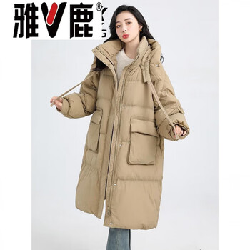 Yalu down jacket women's 2026 winter new long style over the knee korean style loose hooded winter duck down thick warm jacket khaki m _recommended 90-130 catties