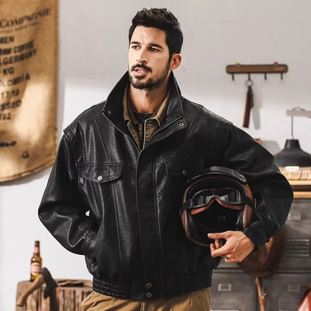 Jay leno american retro ami khaki leather jacket for men 2025 new autumn trendy brand loose stand-up collar motorcycle jacket black xl suitable for 145-160 pounds