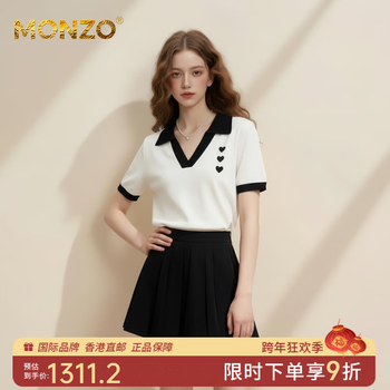 Monzo international high-end brand original design retro collar short-sleeved shirt for women with contrasting color love pattern design top black and white s