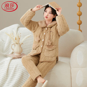 Langsha pajamas women's winter coral velvet plus velvet thickened three-layer padded jacket winter style flannel home clothes set three-layer extra thick-women's style 07-khaki 2xl 3-layer x