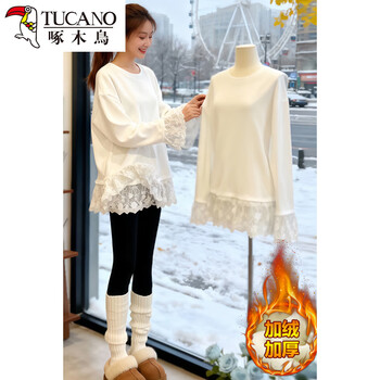 Woodpecker european autumn and winter thickened white bottoming shirt for women 2026 new lace butt-covering long-sleeved t-shirt top trendy d718-white double-sided velvet l recommendation-115 pounds