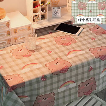 Musong tablecloth mat computer table dining table dormitory decoration student makeup desk writing desk cute cartoon ins style green small grid rainbow bear 80*120/suitable for desktops around 40*80
