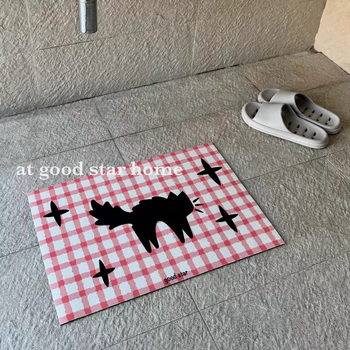 Yusenyi korean fried cat bathroom absorbent floor mat pure color striped toilet door mat bathroom door mat anti-slip mat fried hair pink cat 4060cm (water-absorbing and quick-drying, stable and non-slip)