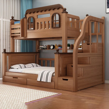 Solid wood high and low bed and bunk bed for adults, double bunk bed, bunk bed, bunk bed, children's bunk bed, bunk bed, ladder, upper bed width 90cm, lower bed width 120cm (comes with bookshelf)