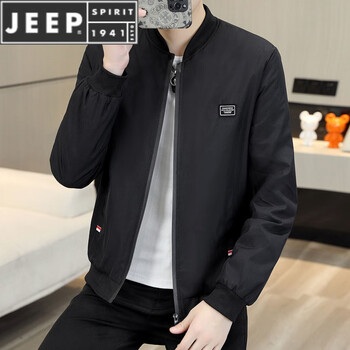 Jeep spirit autumn and winter velvet thickened men's jackets for young and middle-aged people casual all-match jackets men's stand-up collar baseball uniform tops 6601 spring and autumn thin style-black m recommended 80-100 pounds