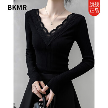 Bkmr autumn and winter retro sexy lace stitching v-neck knitted bottoming shirt for women with slim black long-sleeved top and small shirt black m recommended 95-105 pounds