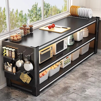 Fantasy kitchen shelf floor-standing multi-layer microwave storage multi-functional pot rack shelf cabinet storage balcony iron shelf elegant black length 50cm wide 30cm sandwich storage model made of precision forged steel 3 layers high 80cm/extended counter