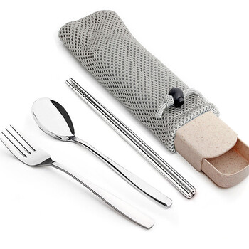 Tuojin germany imported quality single-person stainless steel portable tableware set chopsticks three-piece set fork spoon chopsticks chopsticks spoon fork + wheat box + mesh bag
