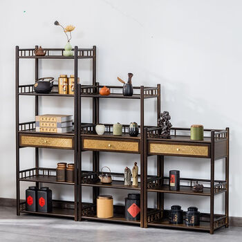 Fantasy tea rack nanzhu small ancient rack tea table side cabinet office tea tea set storage storage cabinet multi-layer (new chinese style) four layers with drawers (bold and thickened)