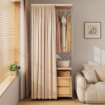 Yusenyi corner cabinet wardrobe home bedroom 2025 new hot style rental house storage and clothes rack with drawer space-saving upgraded stainless steel clothes rod, special for summer/universal for all seasons no doors