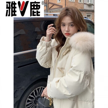 Yalu 2026 down jacket for women winter mid-length new style loose hooded big fur collar thickened knee-high white duck down jacket jiujiang down jacket for women - beige color with off-white fur collar small down jacket s 95 catties to 113 catties small person down jacket