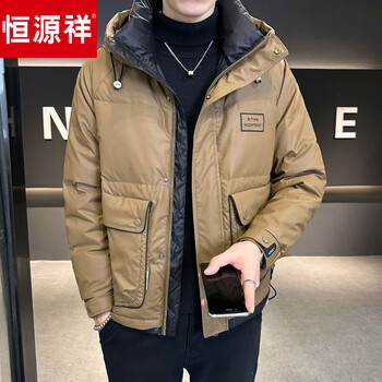 Hengyuanxiang duck down hooded down jacket men's winter thickened 2026 new slim short down jacket men's winter wear khaki l recommended 100-115 catties