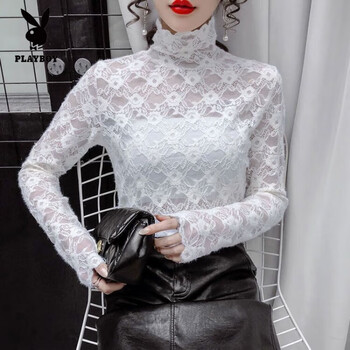 Playboy (playboy) flocking and velvet half turtleneck lace inner bottoming shirt for women autumn and winter new style versatile long-sleeved shirt top for women white thin s recommended 80-94 pounds