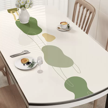 Yusenyi oval dining table mat is oil-proof, waterproof, anti-scalding, no-wash pvc soft glass tablecloth, light luxury and high-end tea flower line spring painting (oil-proof and waterproof, wipe clean) upgraded and thickened 14-middle oval part 76x120cm-fan-shaped on both sides