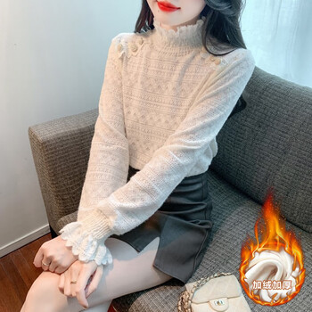 Flocked and velvet thickened french slim lace shirt for women new autumn and winter half turtleneck top with brushed inner layering shirt, apricot color - plus velvet style 3xl (recommended 140-155 catties)