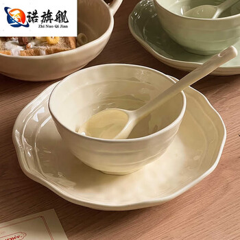 Tuojin good-looking bowl ins cream color one-person tableware bowls, chopsticks and dishes combination rice bowl for home use hand pinch pattern 3 double lines - milky white 3-piece set
