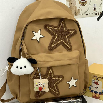 Ye yu large capacity school bag female high school college student retro backpack casual versatile junior high school student star backpack brown reinforced version overall reinforcement + more durable single bag + square biscuit + bean bear