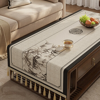Yusenyi zen coffee table tablecloth rectangular dining table tablecloth sideboard tv cabinet dustproof cover cloth bamboo smoke and rain bilateral b tassel michelle chenille 70*200cm including tassel size