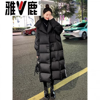Yalu down jacket women's over-the-knee mid-length retro 2026 winter new style thickened european station large lapel warmth jiujiang jiujiang down jacket women-black_ high-end western style down jacket for small people s suitable for 90-125 kg_ high-end western style down jacket for small people
