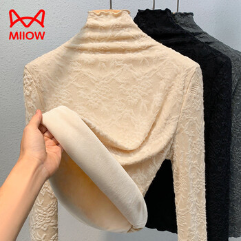 Miiow high-neck velvet bottoming shirt for women 2025 new crocheted hollow lace shirt to keep warm and age-reducing wood ear-hem top apricot plus velvet s